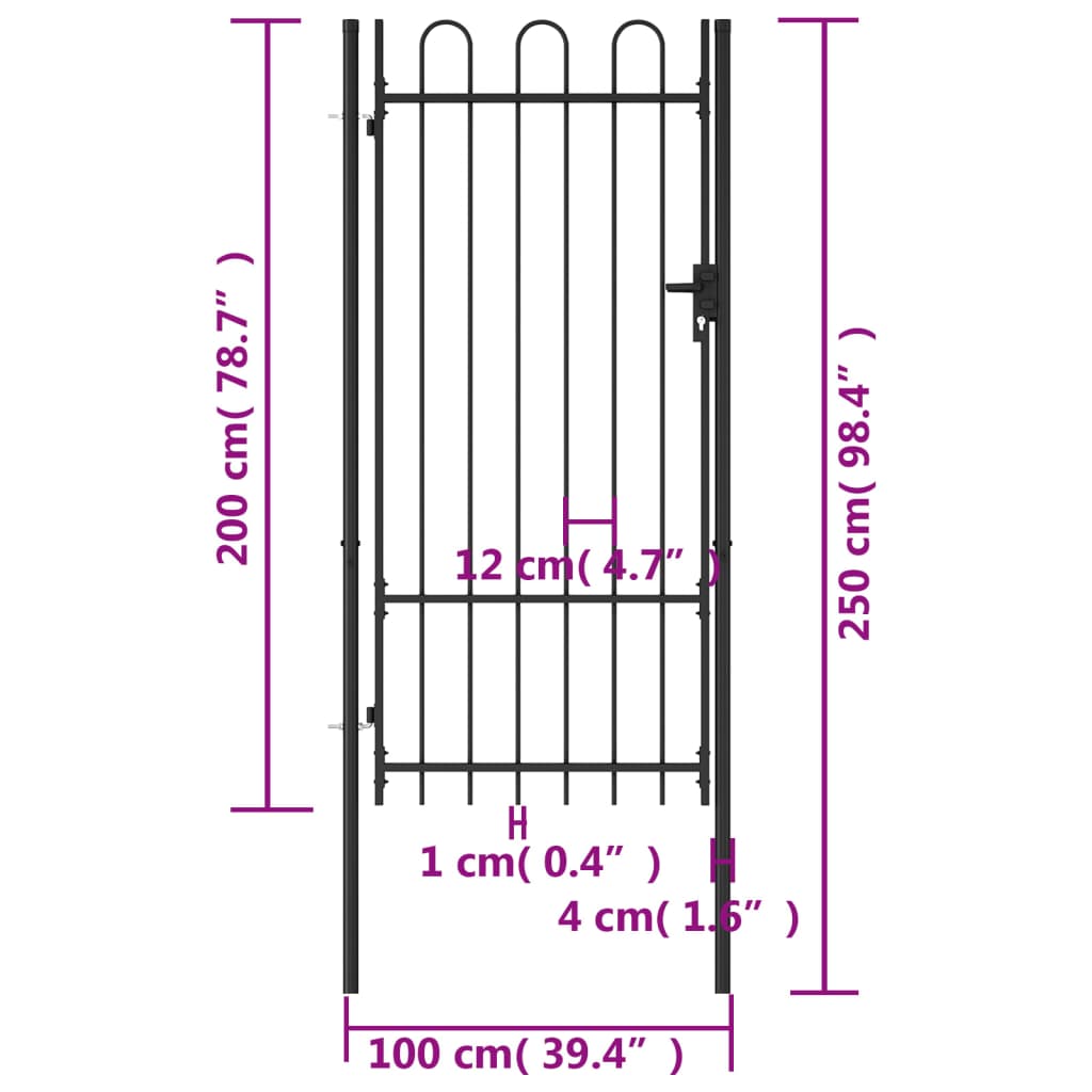 vidaXL Portão de vedação individual com topo arqueado aço 1x2m preto