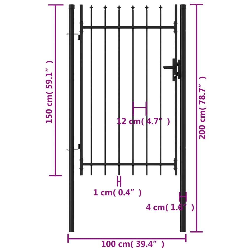 vidaXL Portão de vedação individual topo em espeto aço 1x1,5m preto