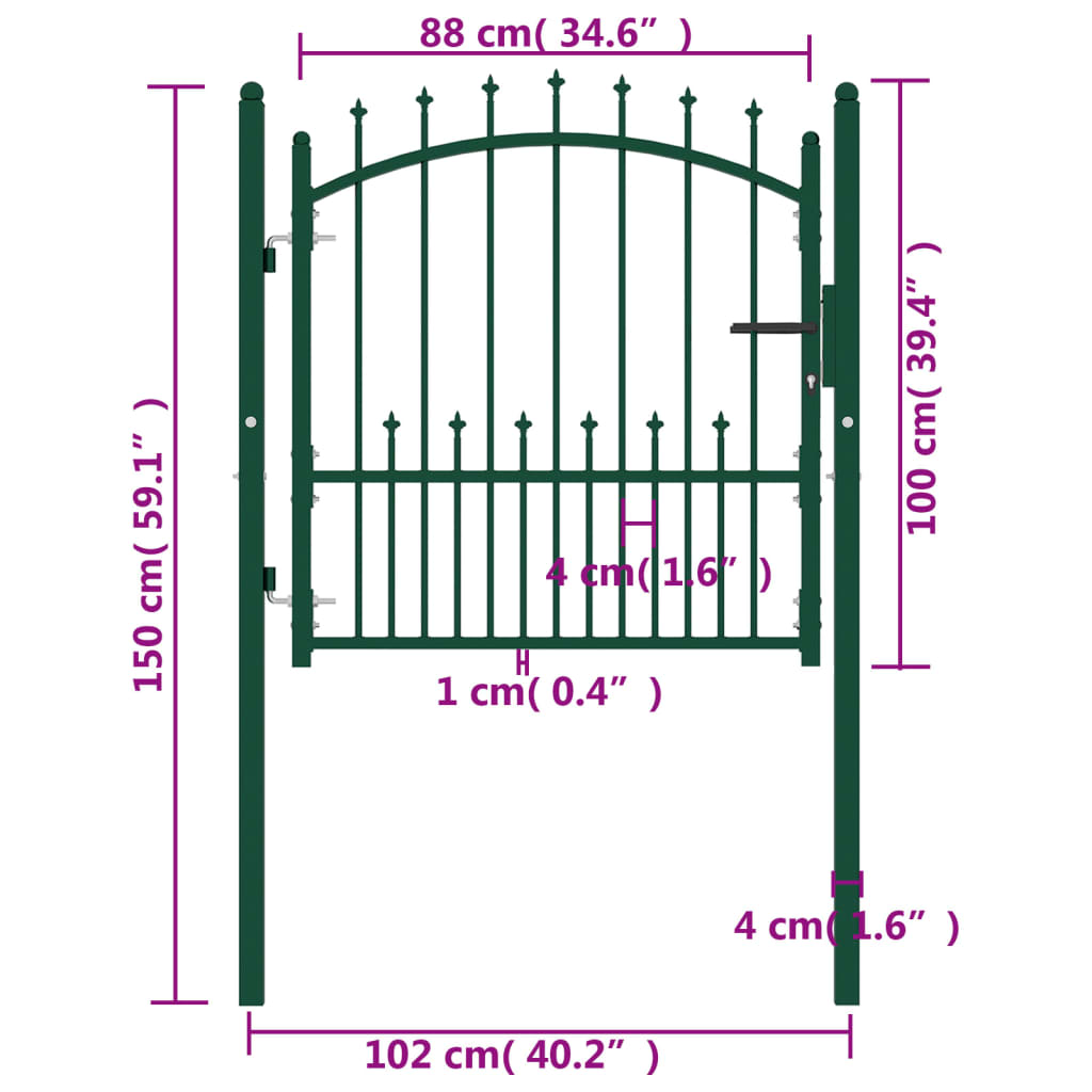 vidaXL Portão para cerca com espetos 100x100 cm aço verde