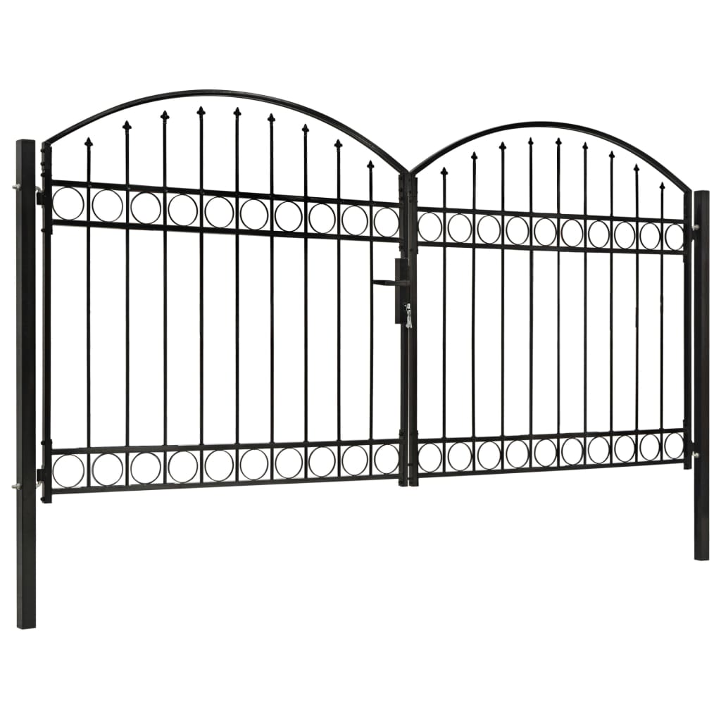 vidaXL Portão p/ cerca porta dupla e topo arqueado 300x125cm aço preto