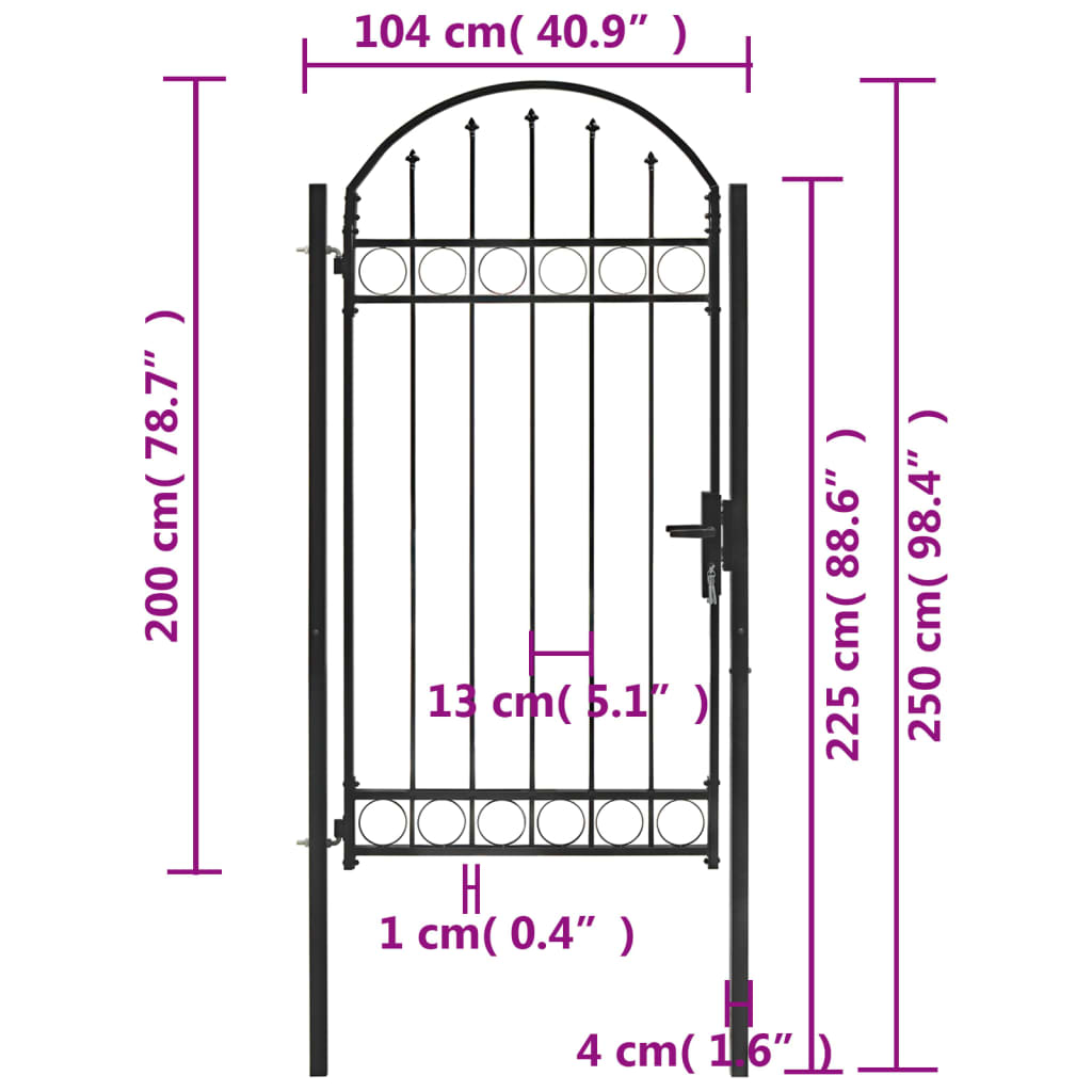 vidaXL Portão para cerca com topo arqueado 100x250 cm aço preto