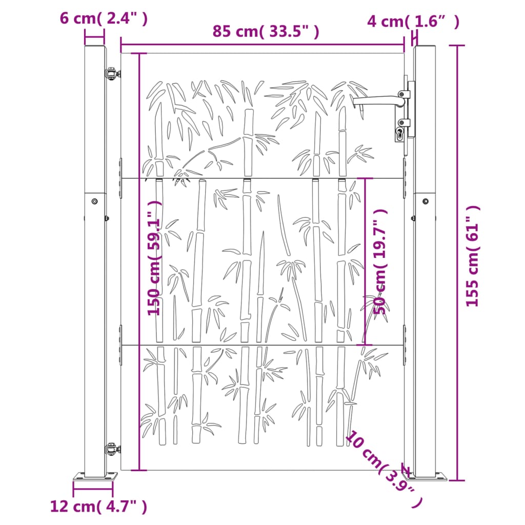 vidaXL Portão de jardim 105x155 cm aço corten design bambu