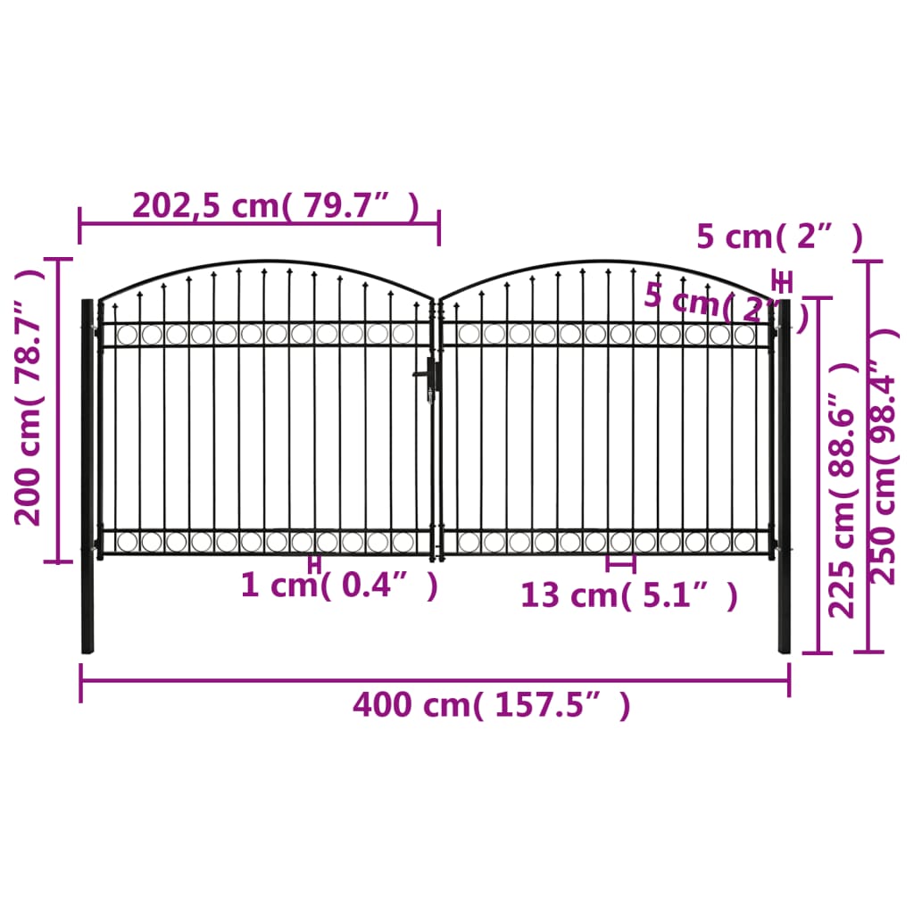 vidaXL Portão p/ cerca porta dupla e topo arqueado 400x200cm aço preto