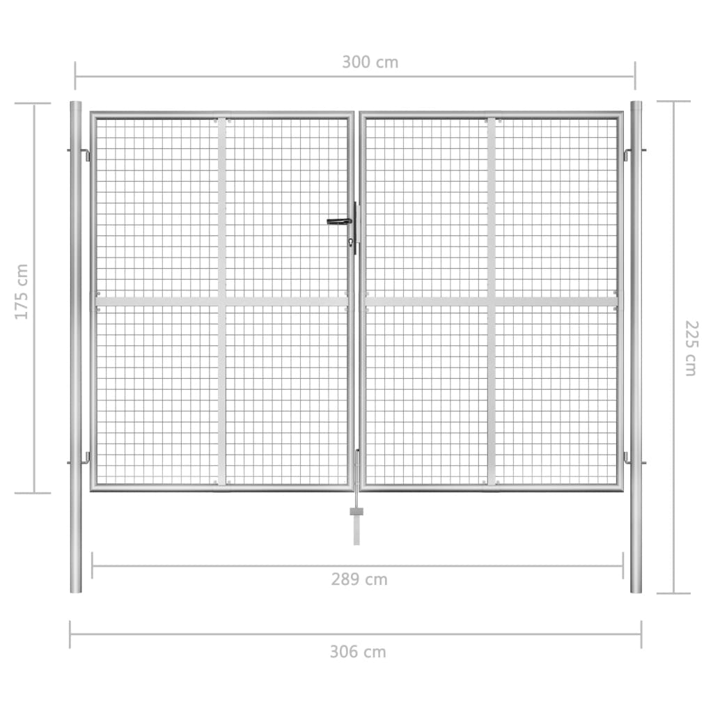 vidaXL Portão de jardim em aço galvanizado 306x225 cm prateado