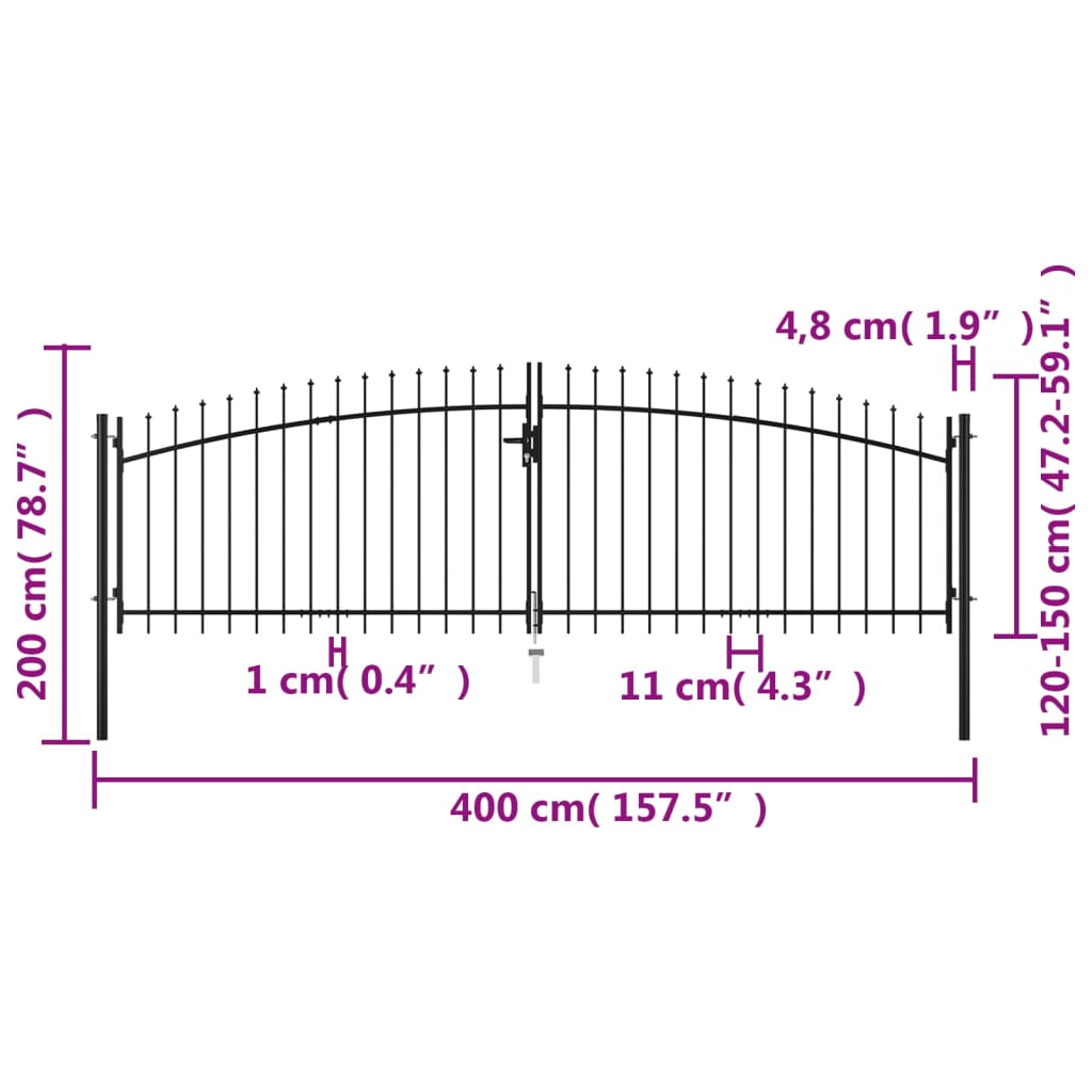 vidaXL Portão de cerca com porta dupla e topo em lanças 400x200 cm