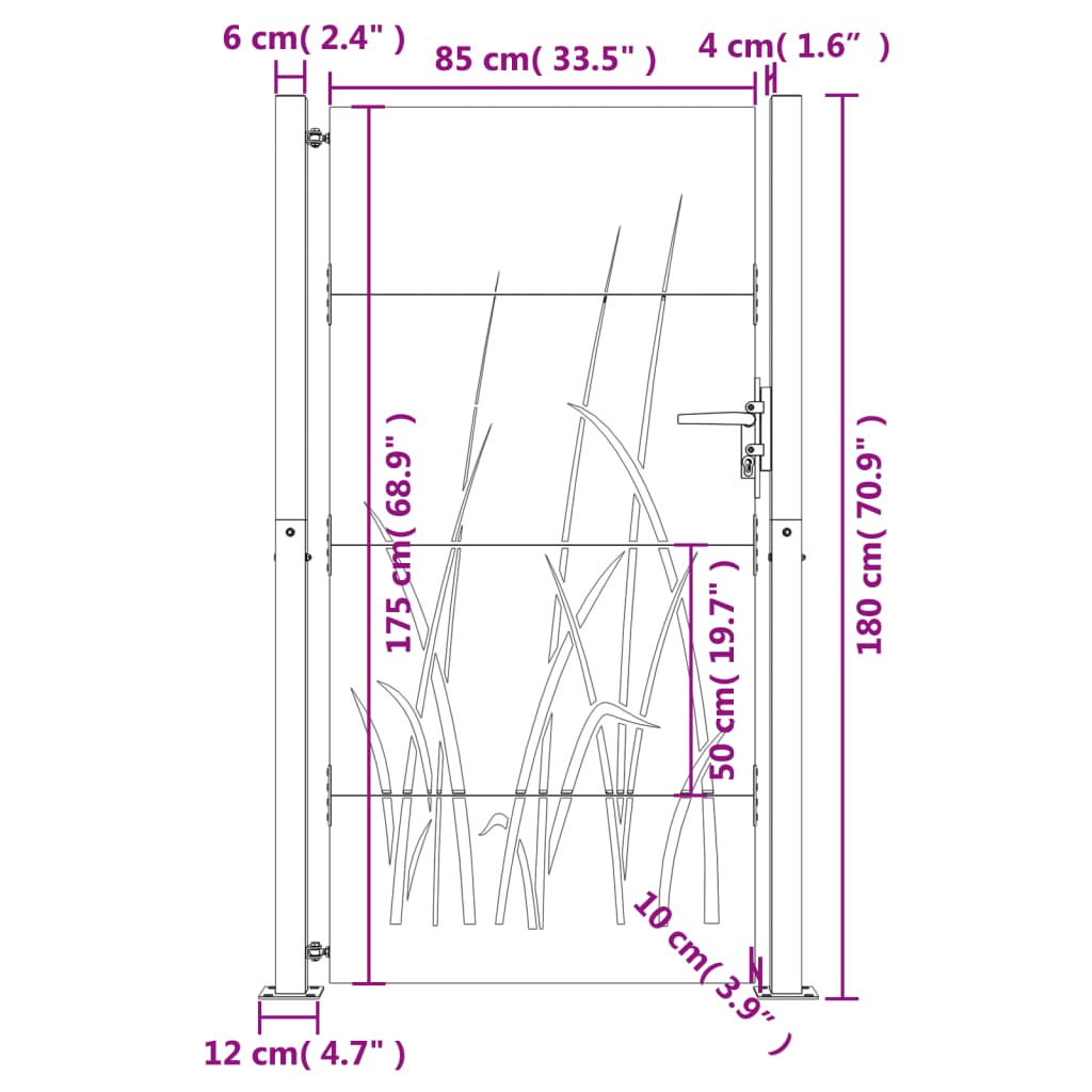 vidaXL Portão de jardim 105x180 cm aço corten design erva
