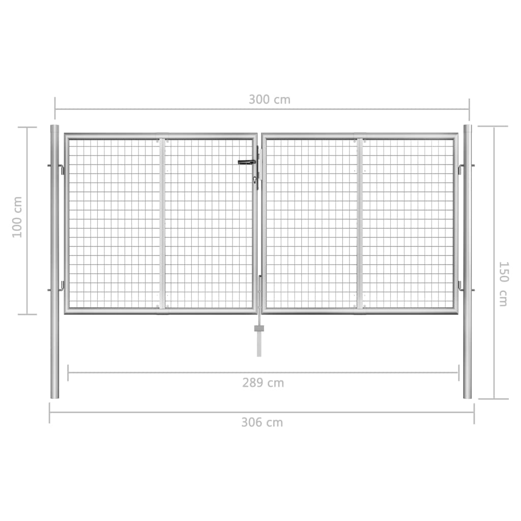 vidaXL Portão de jardim em aço galvanizado 306x150 cm prateado