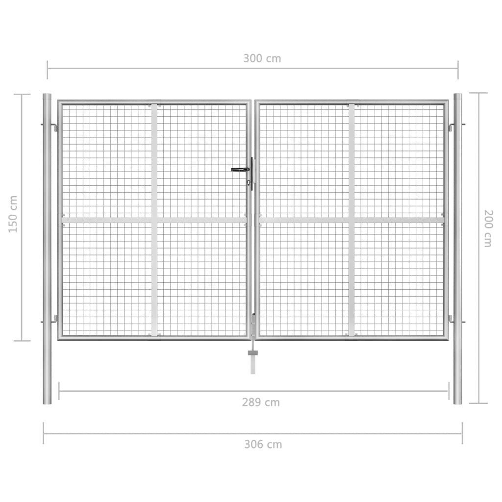 vidaXL Portão de jardim em aço galvanizado 306x200 cm prateado