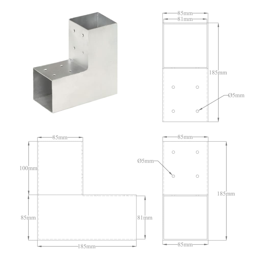 vidaXL Base para poste em forma de L 81x81 mm metal galvanizado