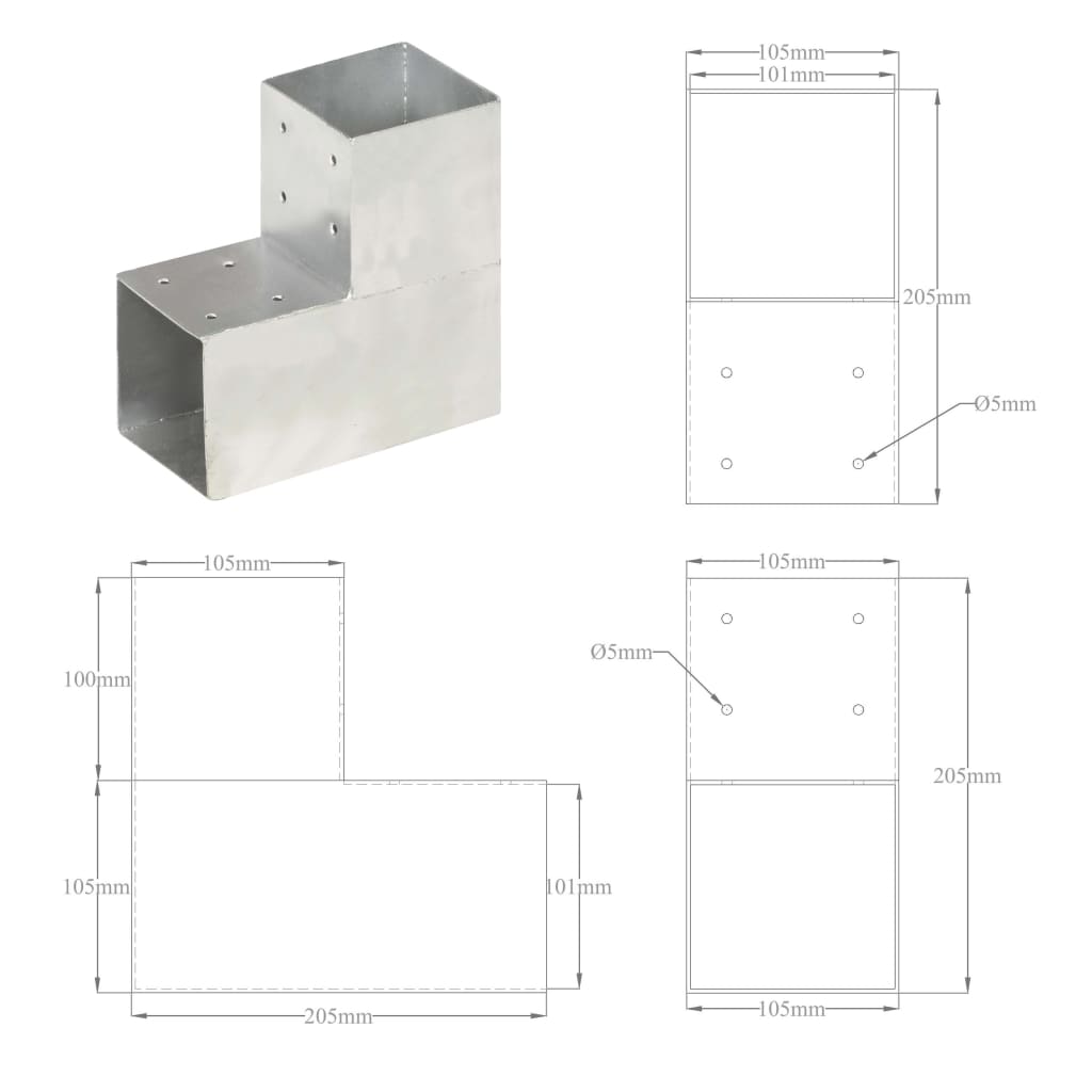 vidaXL Base para poste em forma de L 101x101 mm metal galvanizado