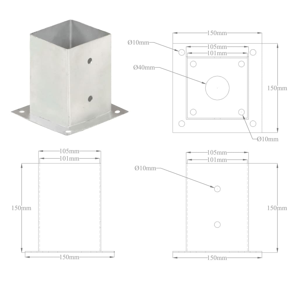 vidaXL Suportes para postes 4 pcs metal galvanizado 101 mm