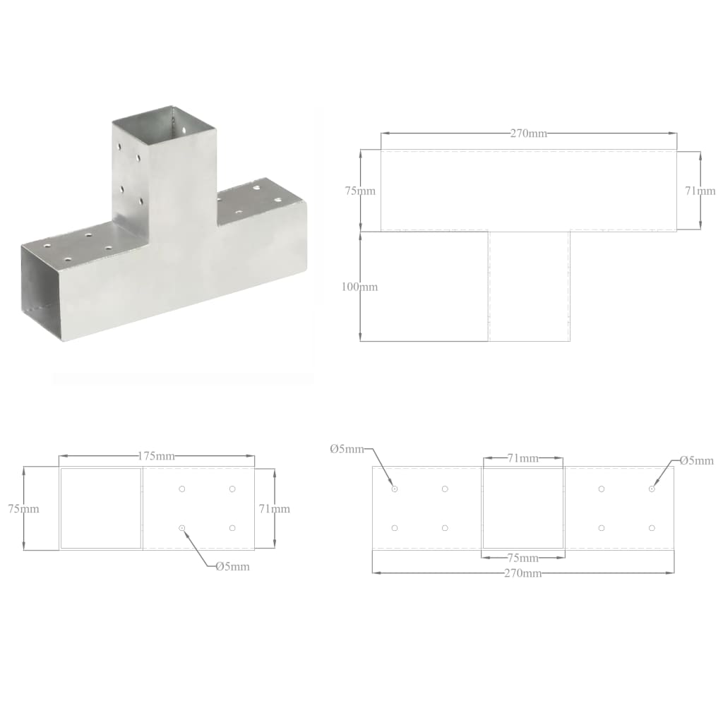 vidaXL Base para poste em forma de T 71x71 mm metal galvanizado