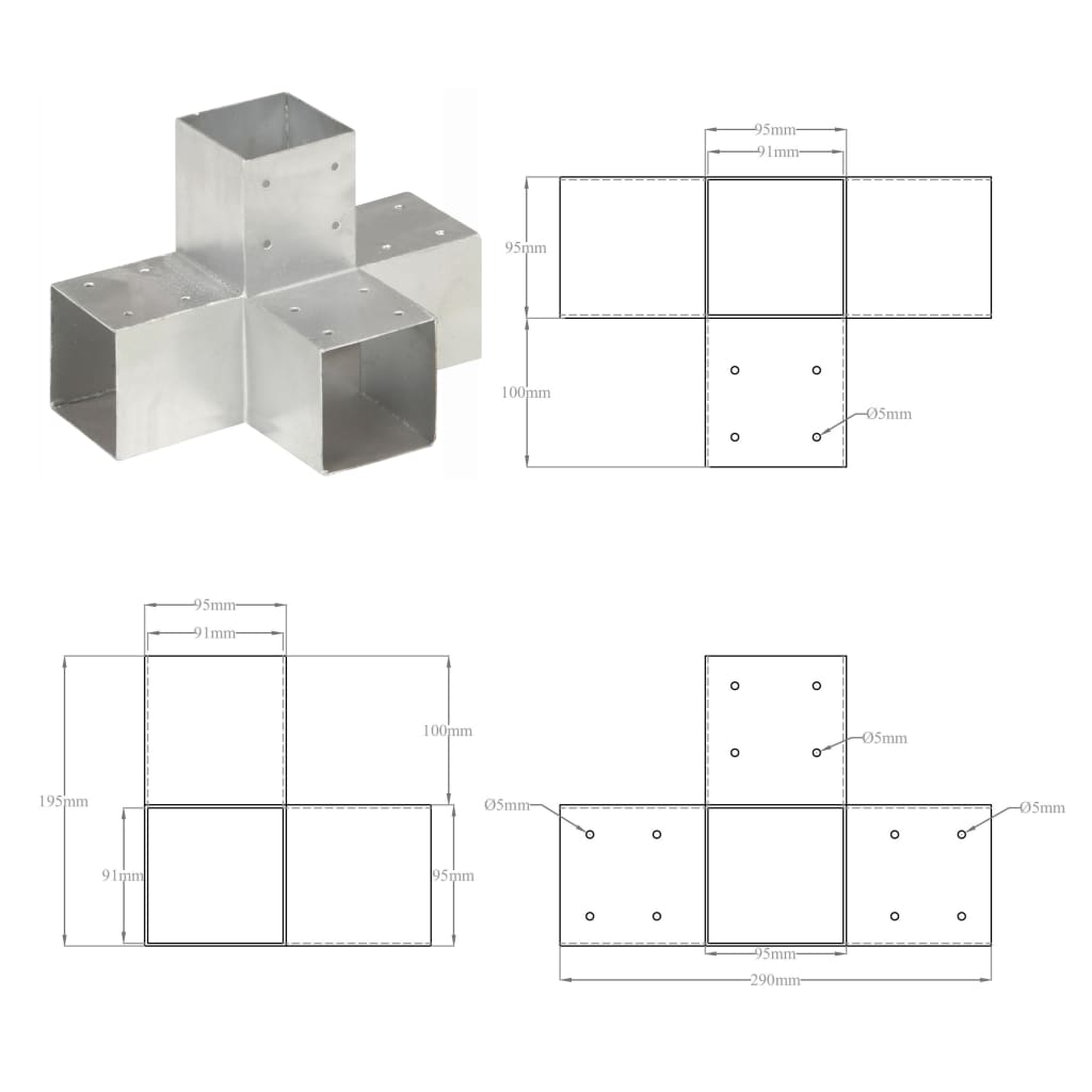 vidaXL Bases para poste em forma de X 4 pcs 91x91 mm metal galvanizado