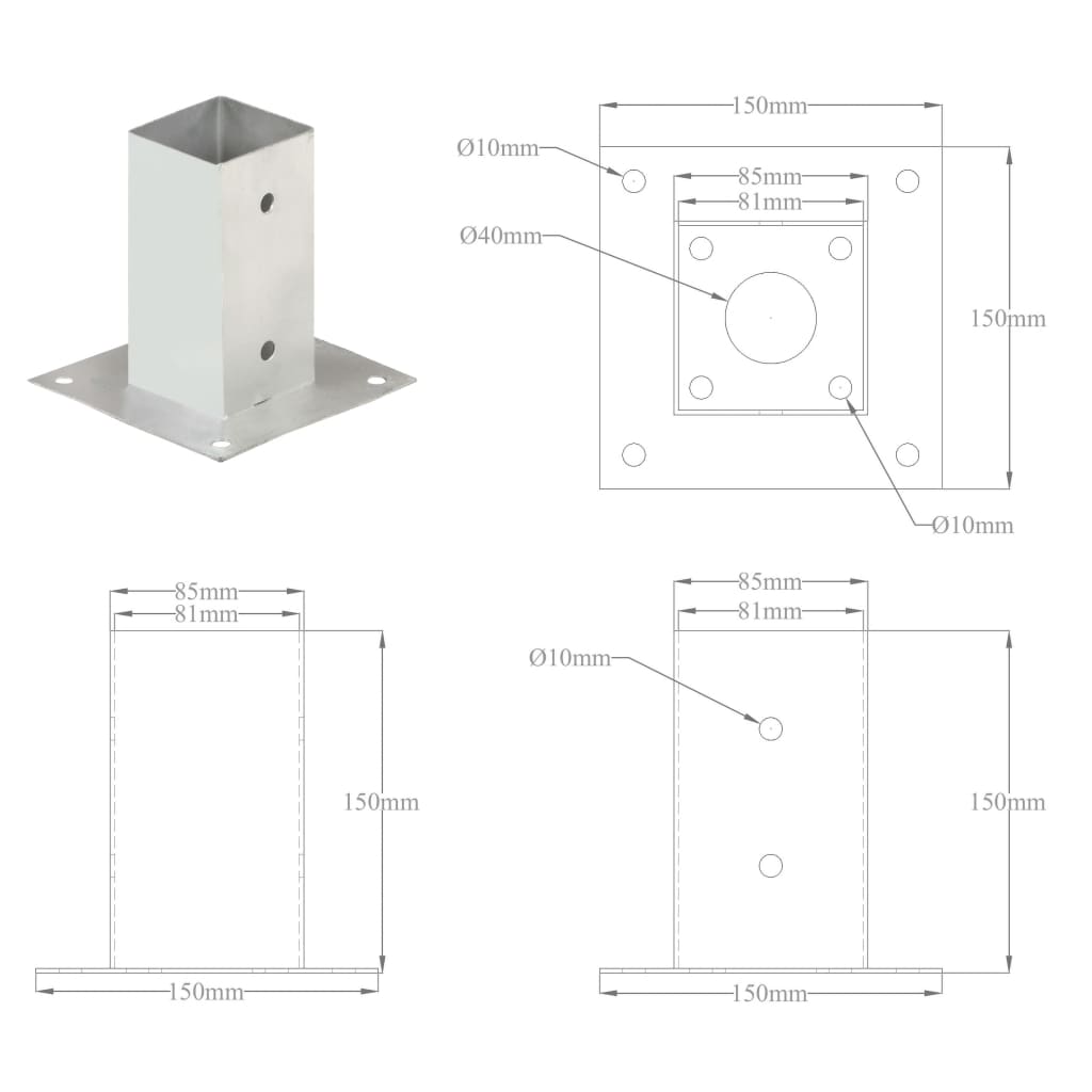 vidaXL Suportes para postes 4 pcs metal galvanizado 81 mm