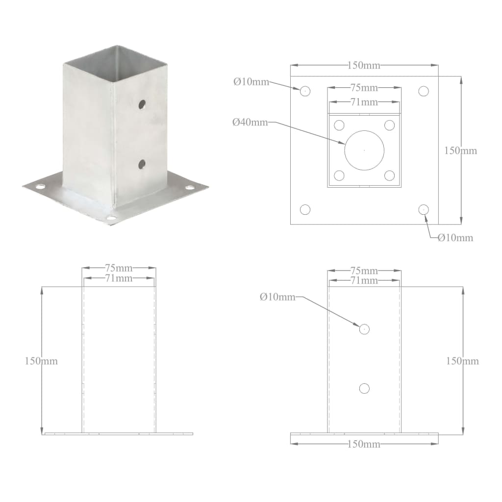 vidaXL Suportes para postes 4 pcs metal galvanizado 71 mm