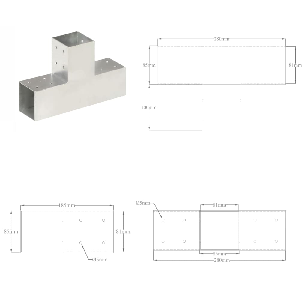 vidaXL Bases para poste em forma de T 4 pcs 81x81 mm metal galvanizado