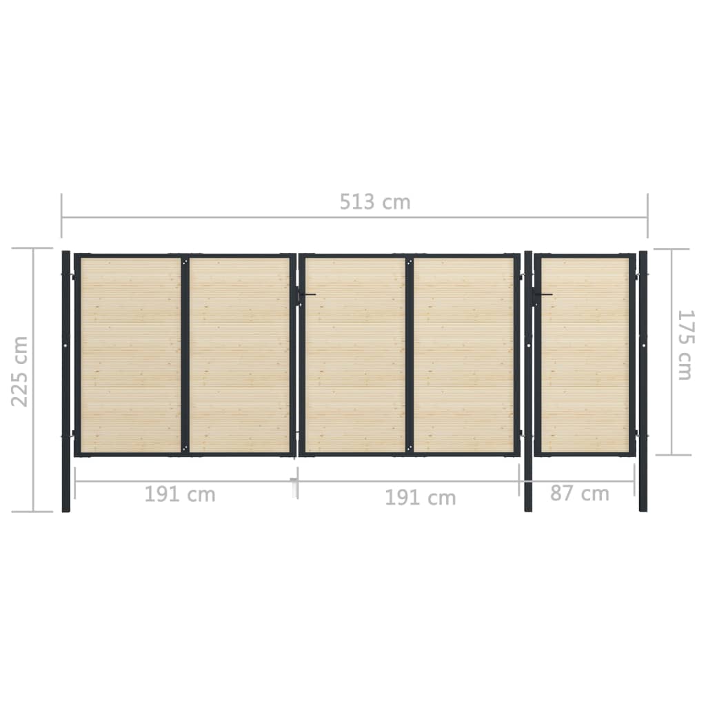 vidaXL Portão de vedação aço e madeira de abeto 513x225 cm