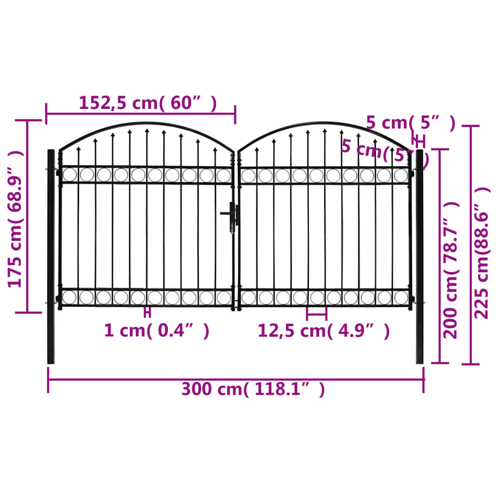 vidaXL Portão p/ cerca porta dupla e topo arqueado 300x175cm aço preto