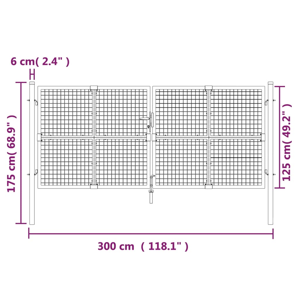 vidaXL Portão de rede para jardim 300x175 cm aço galvanizado prateado