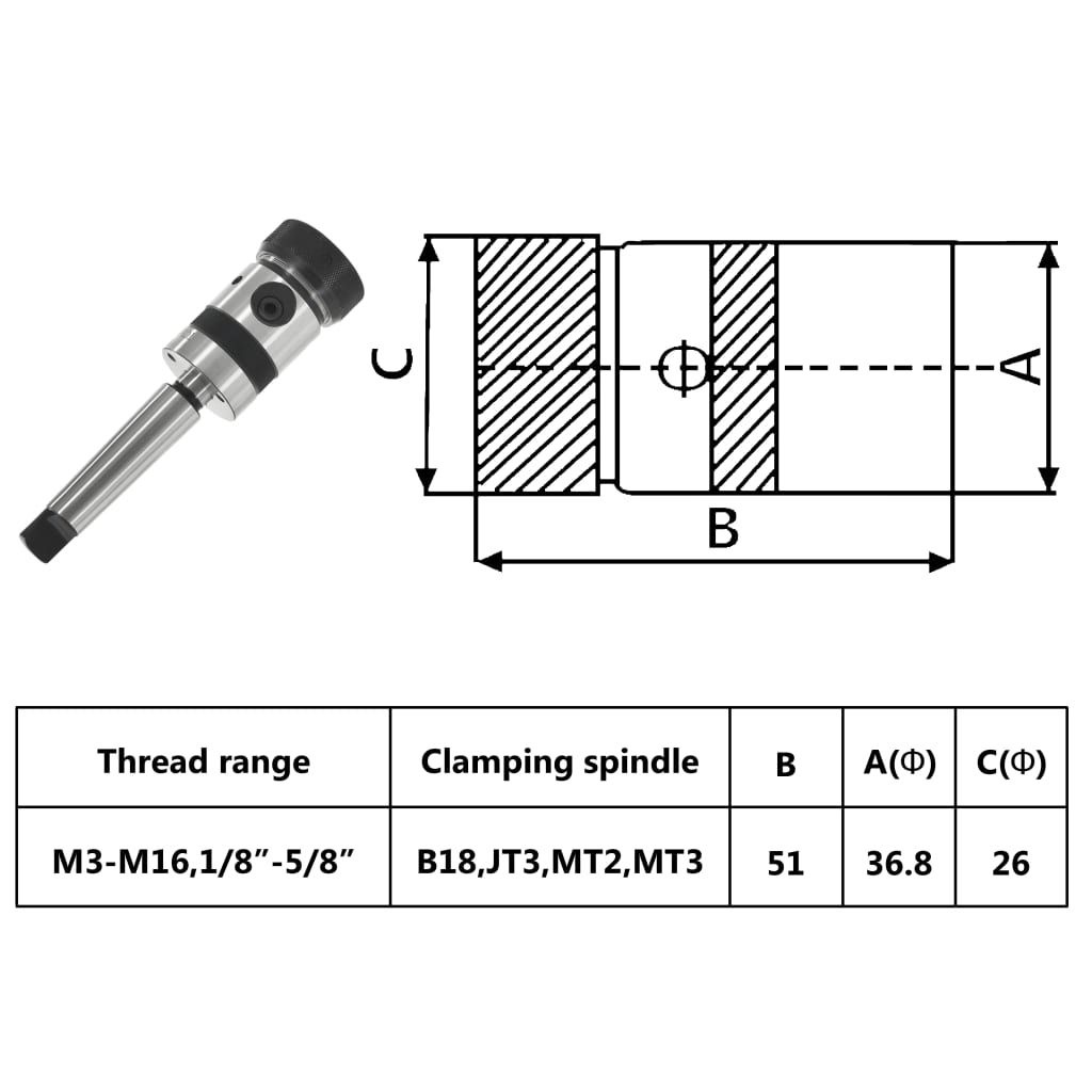 vidaXL Cabeça de roscar B18 com cone MT3 para roscas internas M3-M16