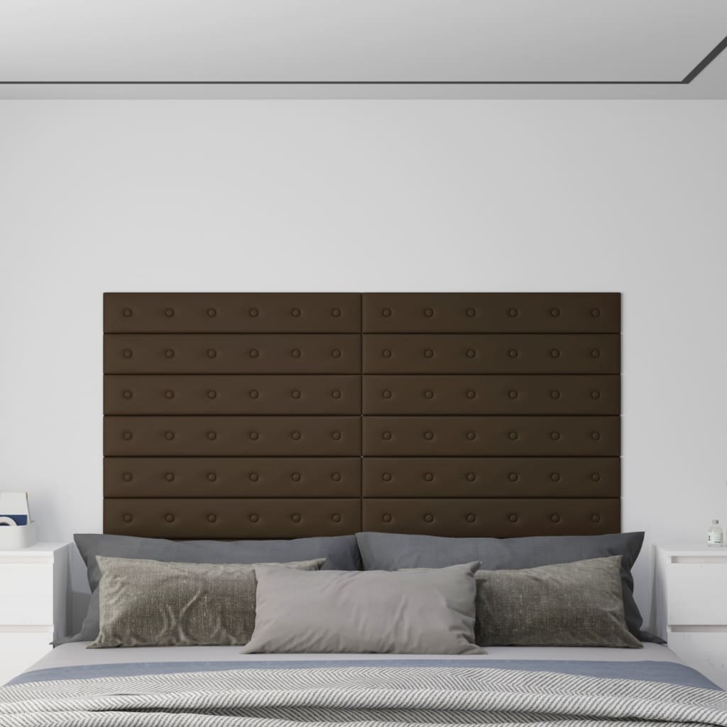 vidaXL Painel parede 12 pcs 90x15 cm couro artificial 1,62 m² castanho