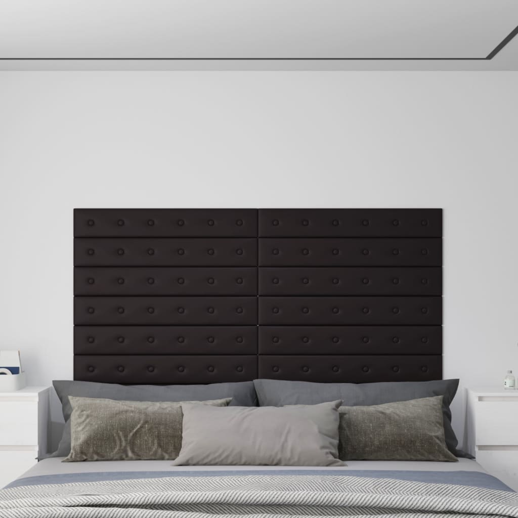 vidaXL Painel de parede 12 pcs 90x15 cm couro artificial 1,62 m² preto