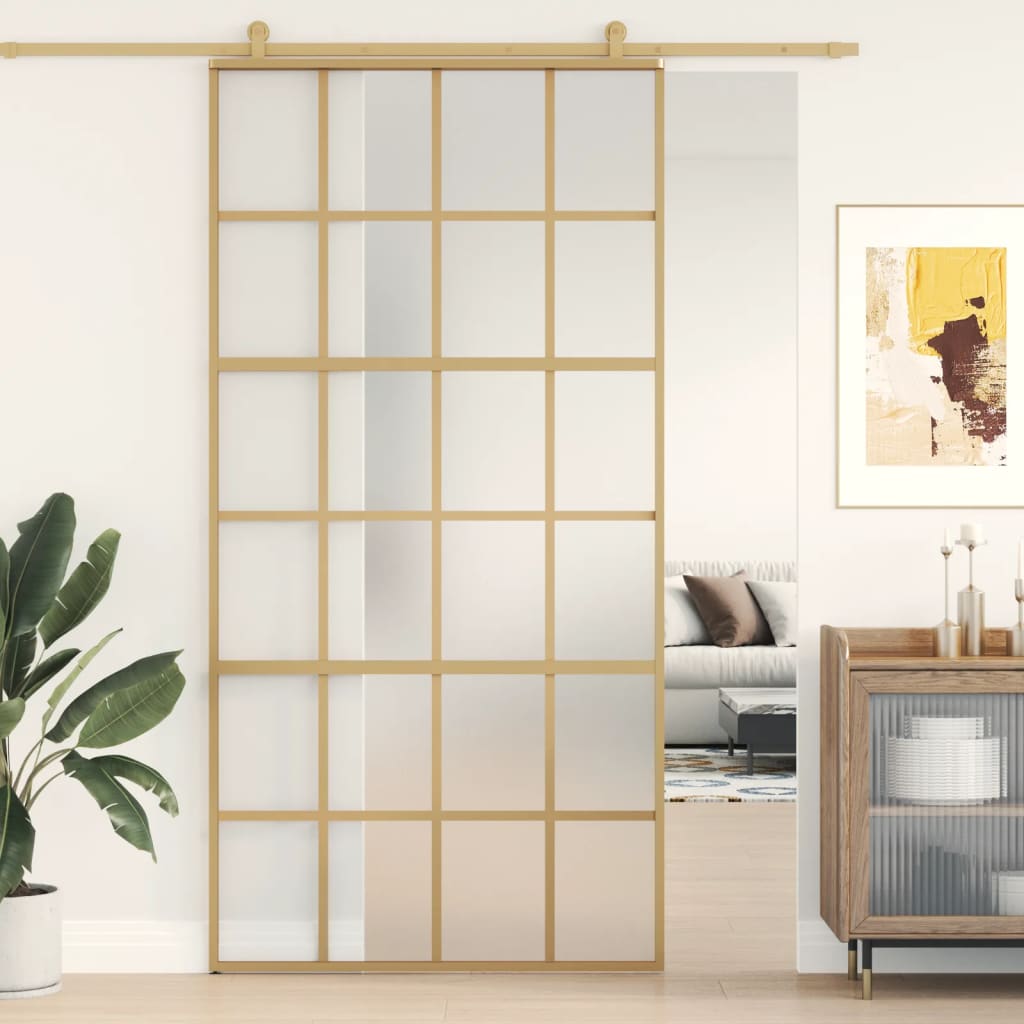 vidaXL Porta deslizante 102,5x205 cm vidro ESG fosco/alumínio dourado