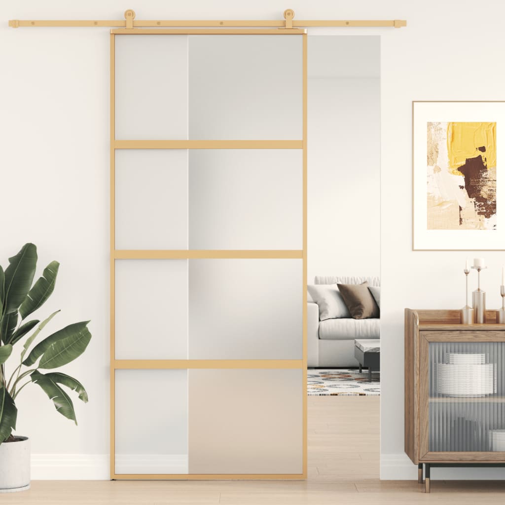 vidaXL Porta deslizante 90x205 cm vidro ESG fosco/alumínio dourado