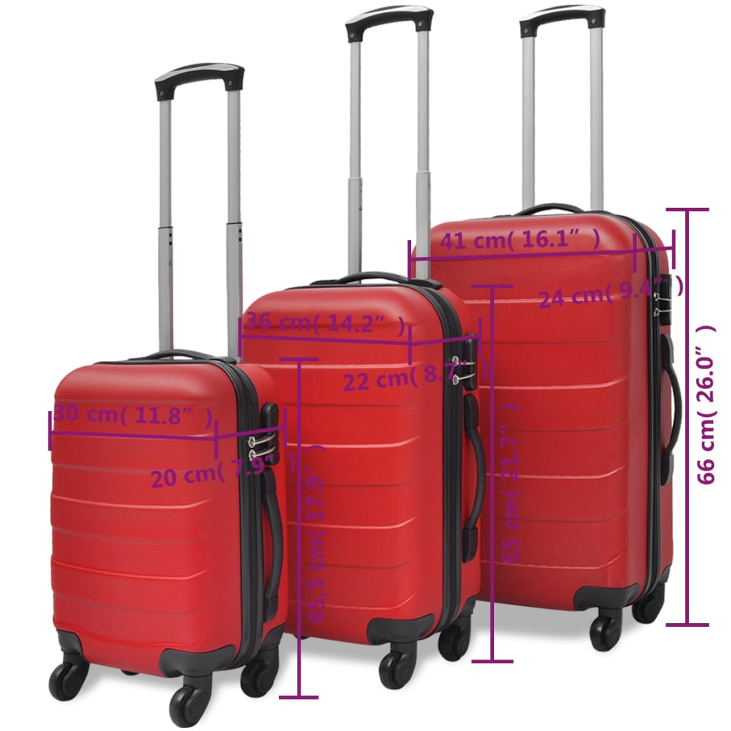 vidaXL Conjunto de tróleis estojo rígido 3 pcs 45,5/55/66 cm vermelho