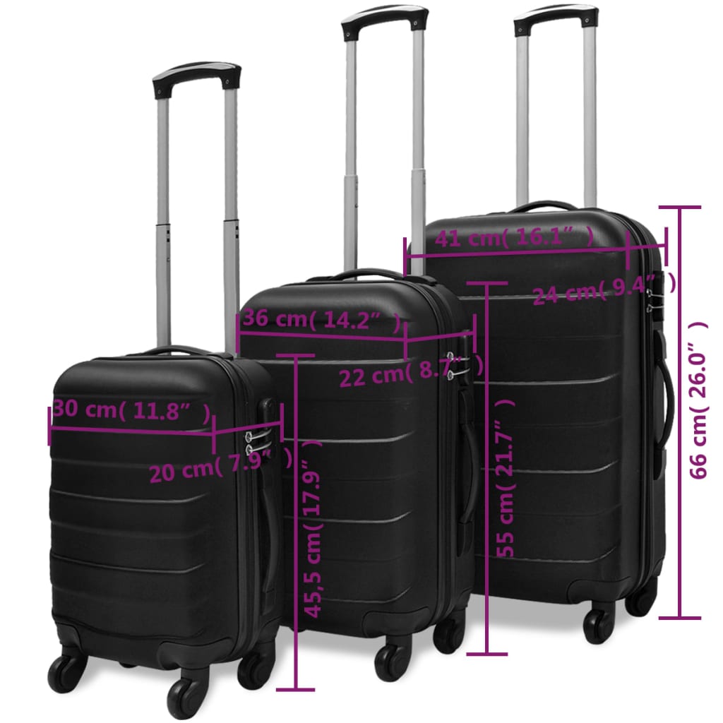 vidaXL Conjunto de tróleis em estojo rígido 3 pcs 45,5/55/66 cm preto