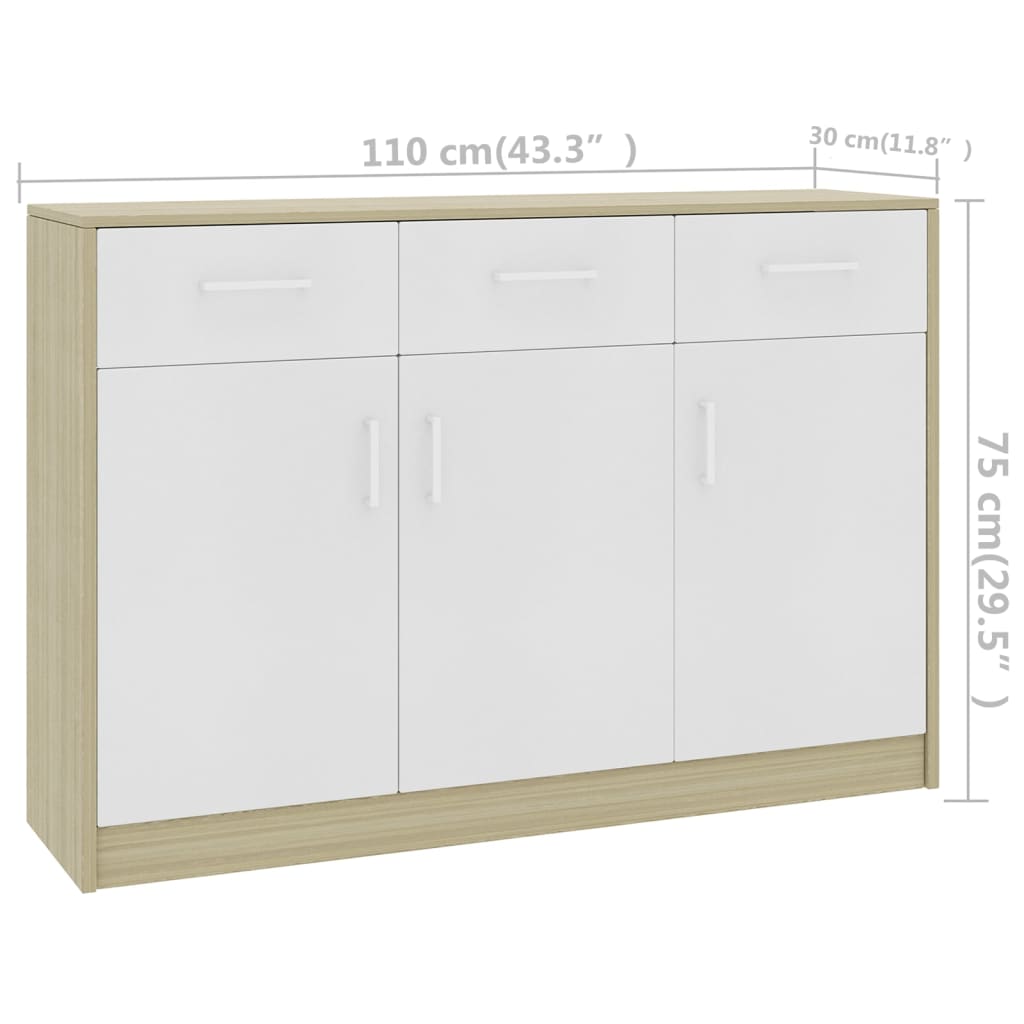 vidaXL Aparador 110x30x75 cm contraplacado cor branco/carvalho sonoma