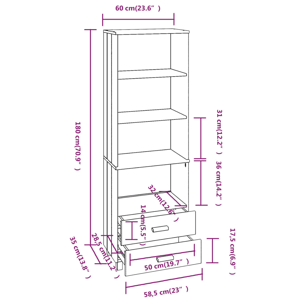 vidaXL Aparador alto HAMAR 60x35x180 cm pinho maciço cinza-escuro