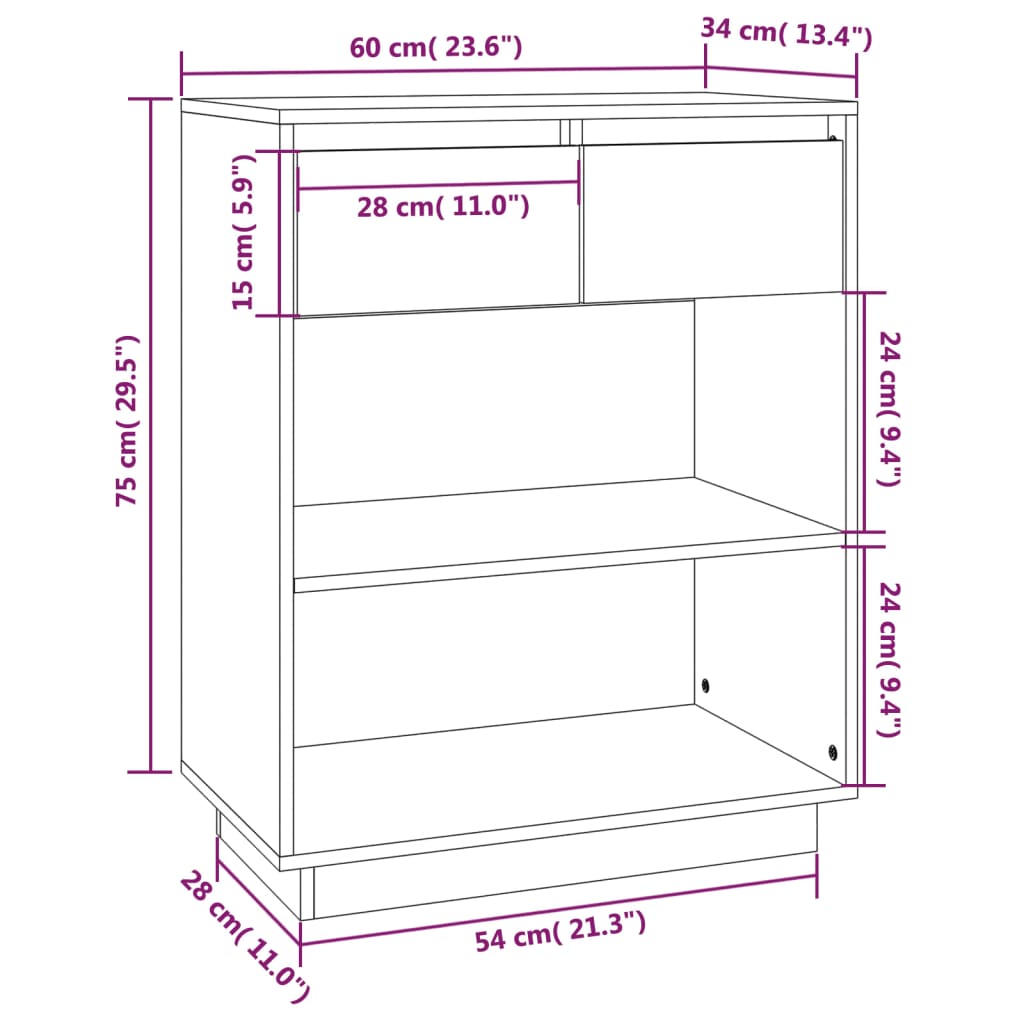 vidaXL Armário consola 60x34x75 cm pinho maciço branco