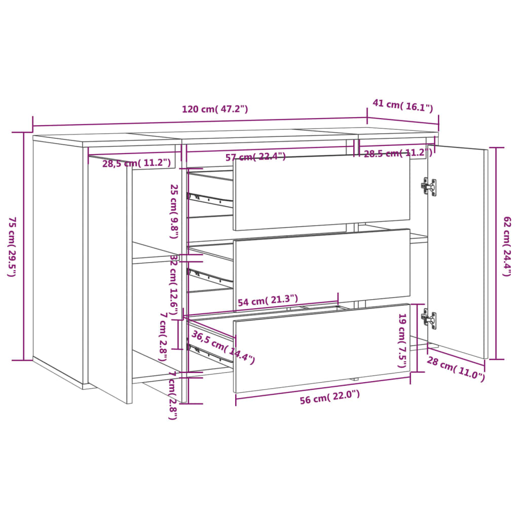 vidaXL Aparador com 3 gavetas 120x41x75 cm aglomerado cor sonoma cinza