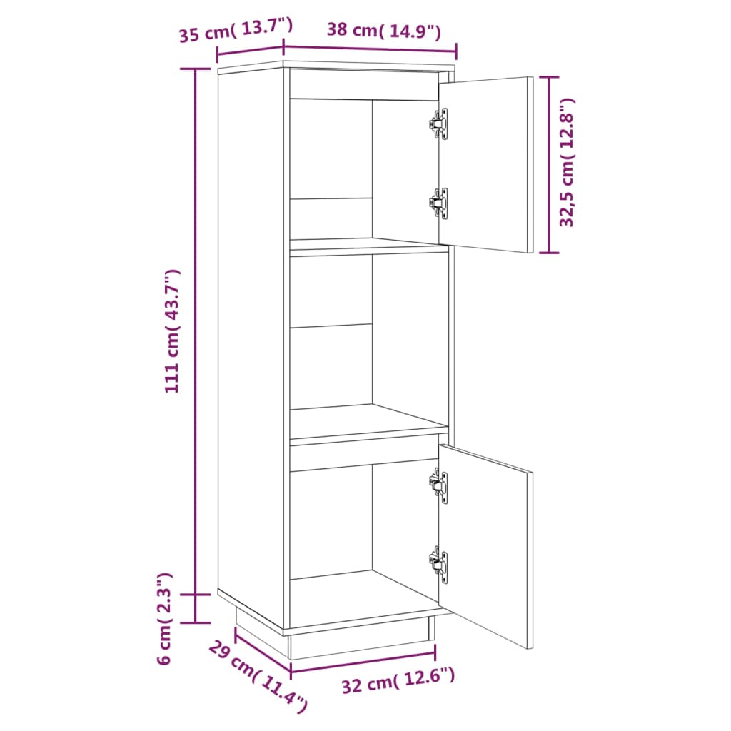 vidaXL Aparador alto 38x35x117 cm pinho maciço cinza