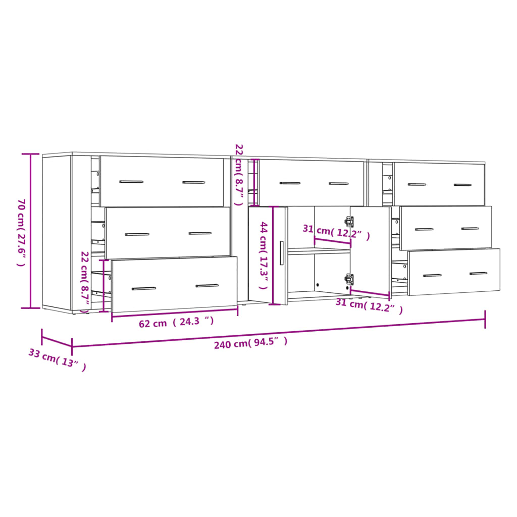 vidaXL Aparadores 3 pcs derivados de madeira preto