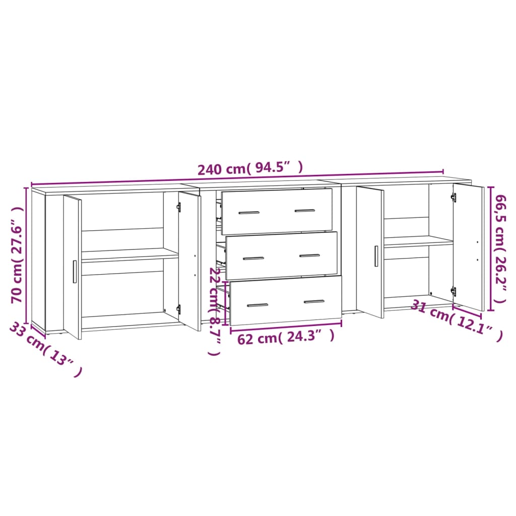 vidaXL Aparadores 3 pcs madeira processada cinzento sonoma