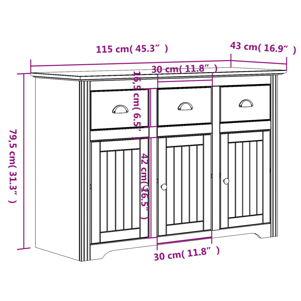 vidaXL Aparador BODO 115x43x79,5 cm pinho maciço branco e castanho