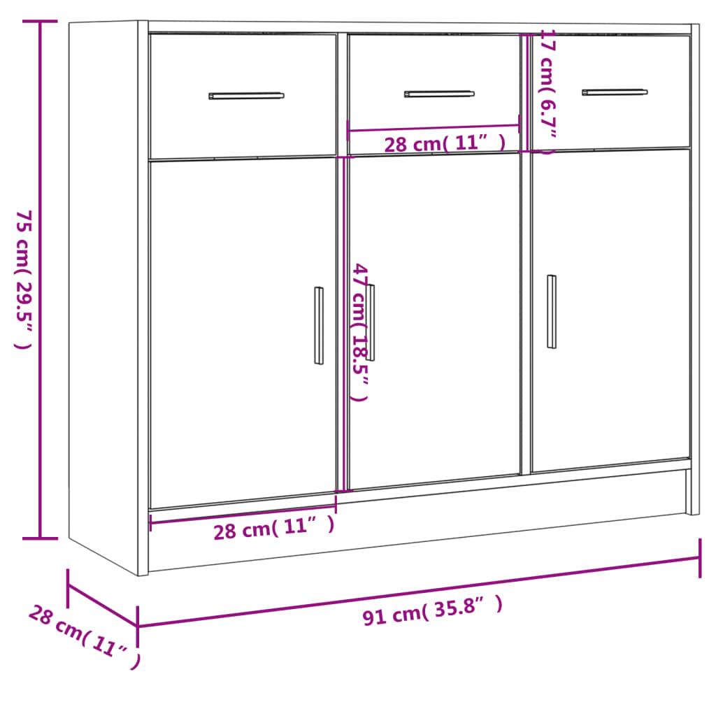 vidaXL Aparador 91x28x75 cm derivados de madeira cinzento sonoma