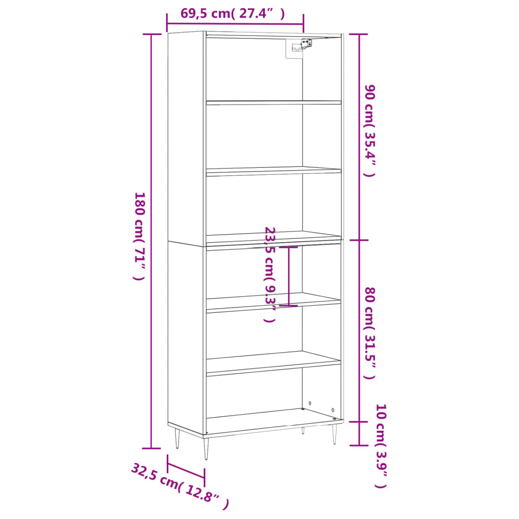 vidaXL Armário alto 69,5x32,5x180cm derivados madeira sonoma cinzento