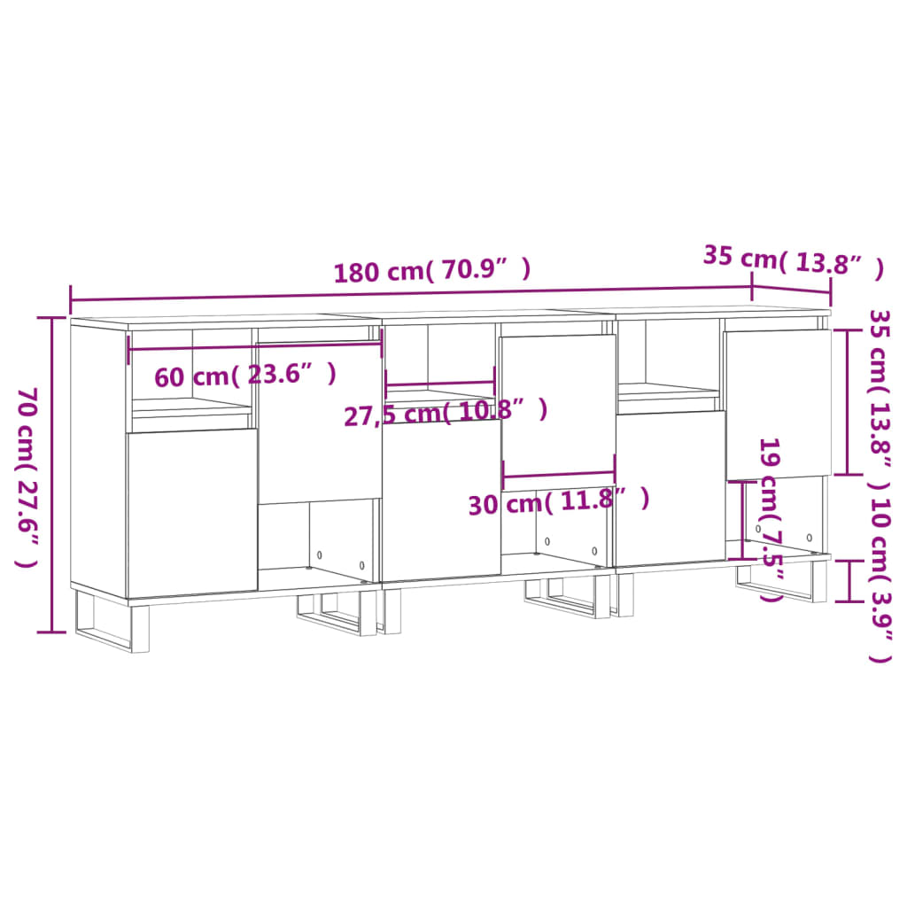 vidaXL Aparadores 3 pcs madeira processada branco