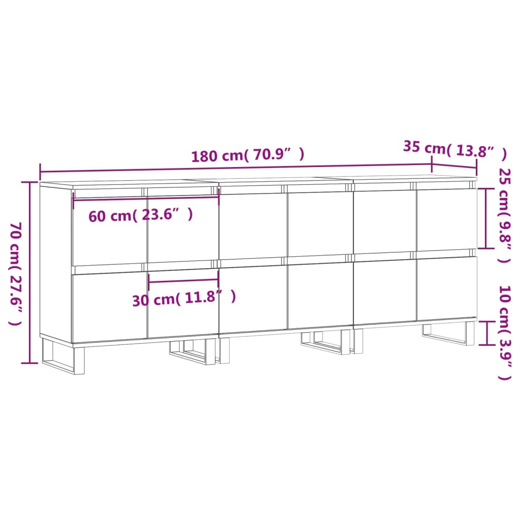 vidaXL Aparadores 3 pcs madeira processada branco