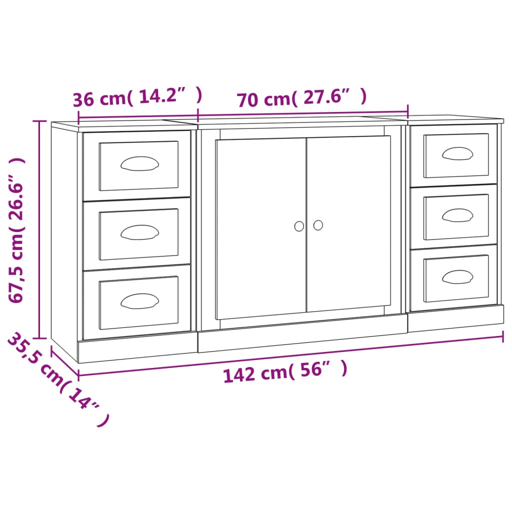 vidaXL Aparadores 3 pcs madeira processada branco