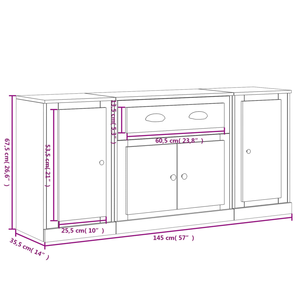 vidaXL Aparadores 3 pcs madeira processada branco