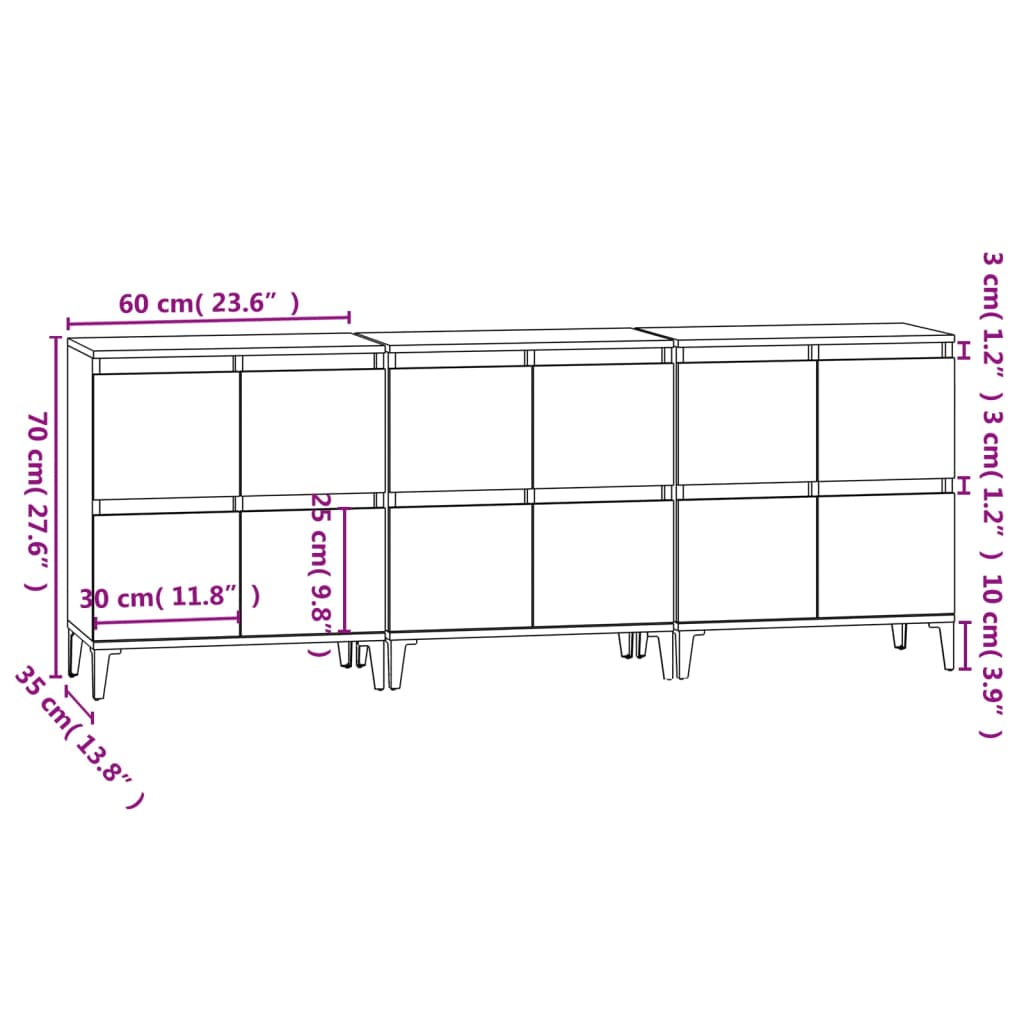 vidaXL Aparadores 3 pcs 60x35x70 cm derivados madeira cinza sonoma