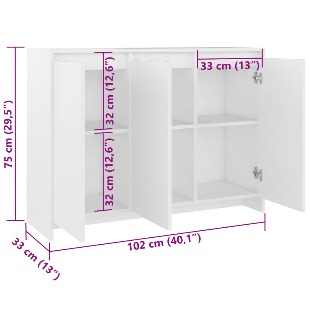 vidaXL Aparador 102x33x75 cm contraplacado branco