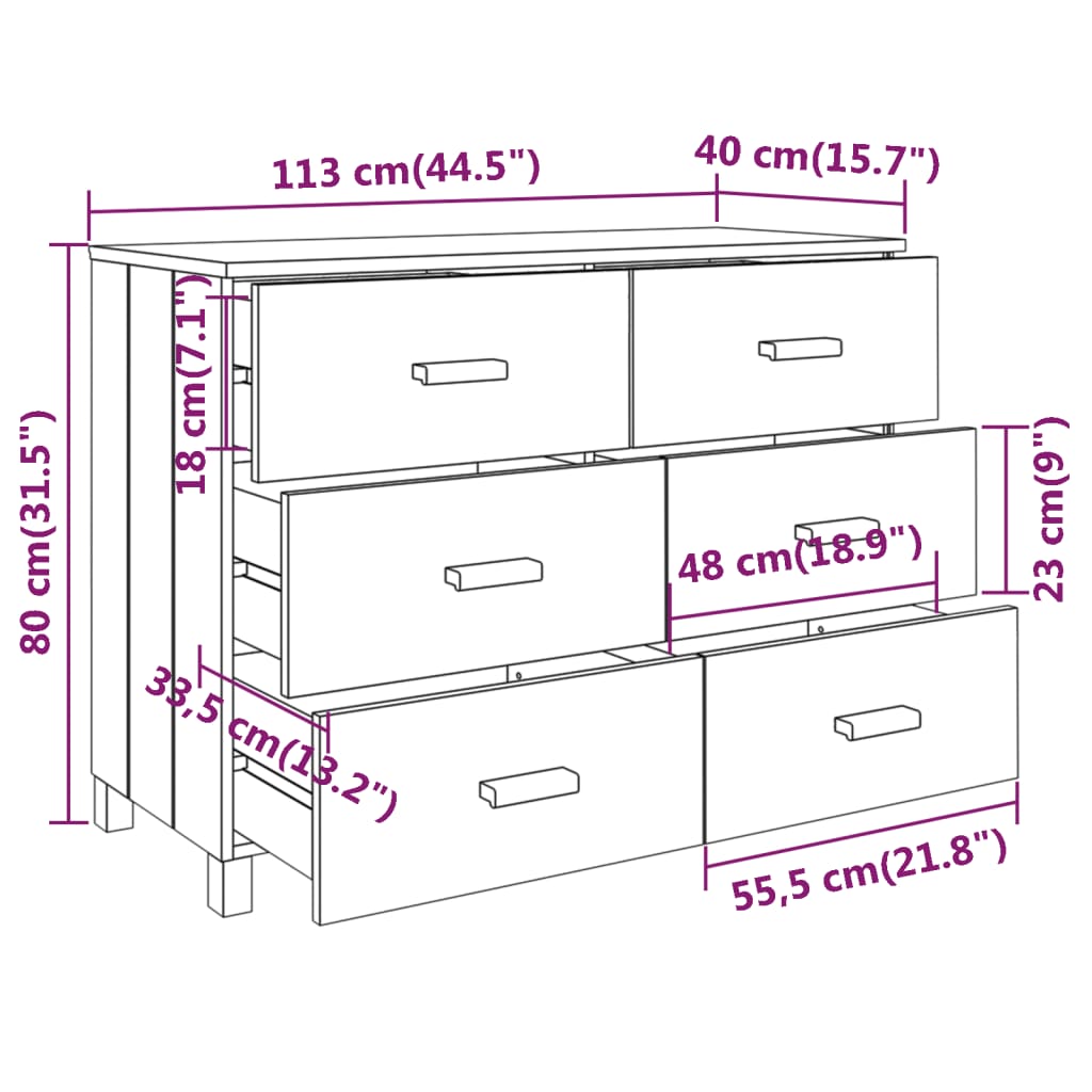 vidaXL Aparador HAMAR 113x40x80 cm pinho maciço branco