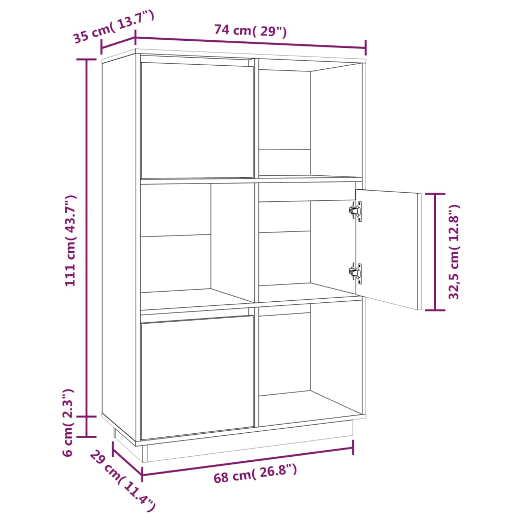 vidaXL Aparador alto74x35x117 cm pinho maciço branco