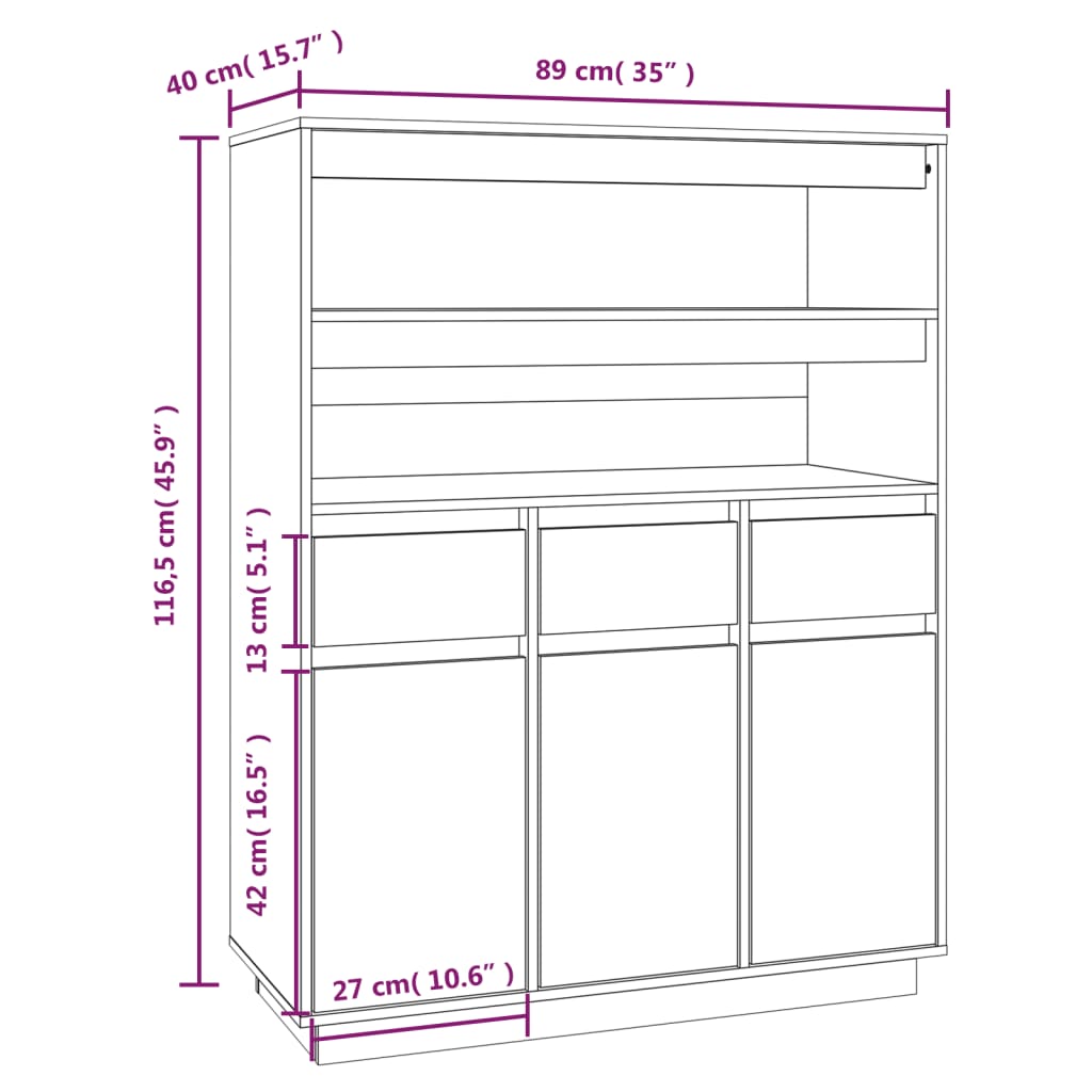 vidaXL Aparador alto 89x40x116,5 cm pinho maciço