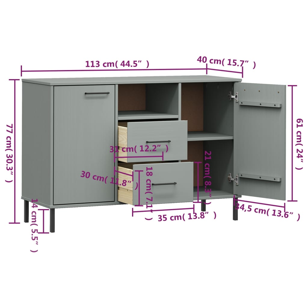 vidaXL Aparador c/ pernas de metal 113x40x77 madeira maciça OSLO cinza